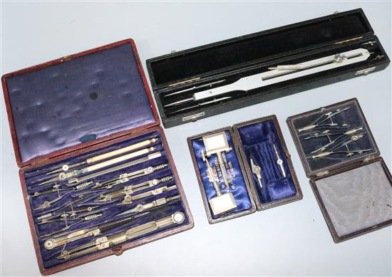 Six cased draughtsmans sets, various, sundry rulers, proportional dividers, etc.